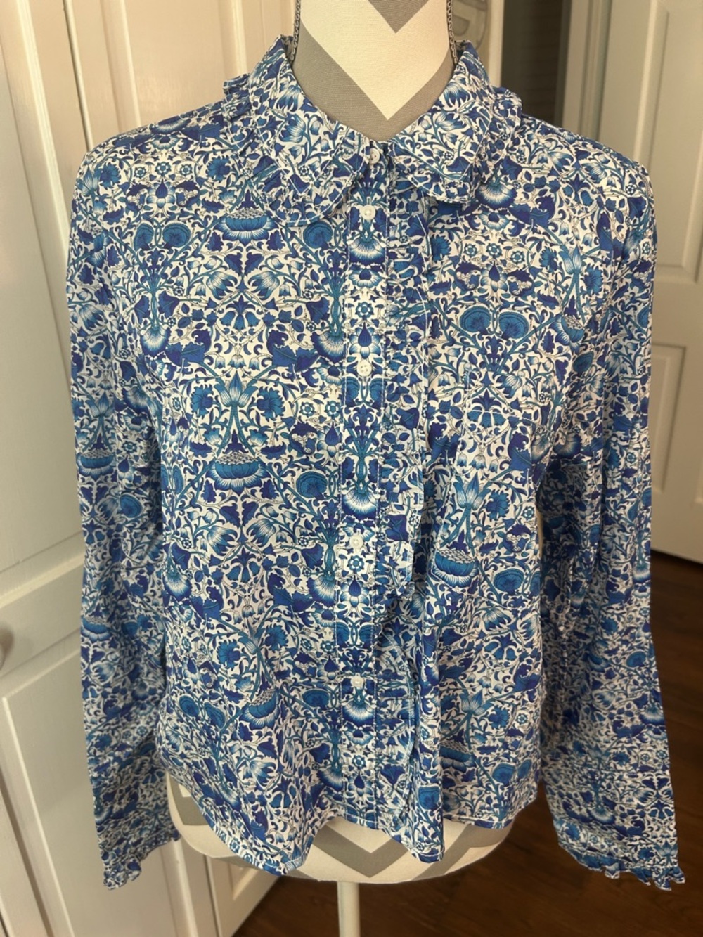 J. Crew Liberty Print Blue and White Floral Tie-Neck Blouse